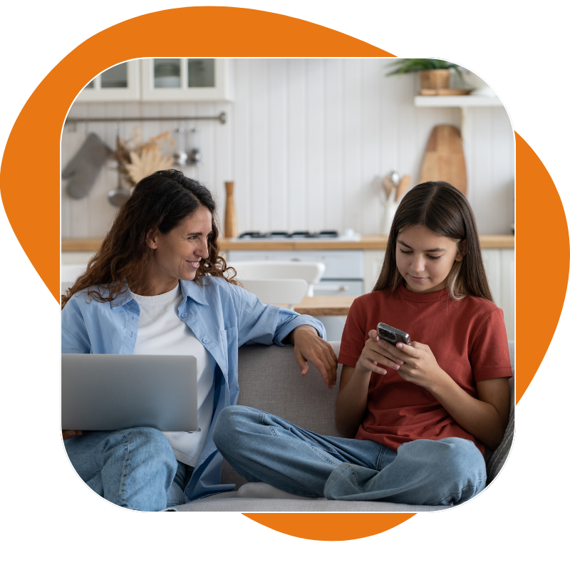 App LP Mom and  girl on couch with devices